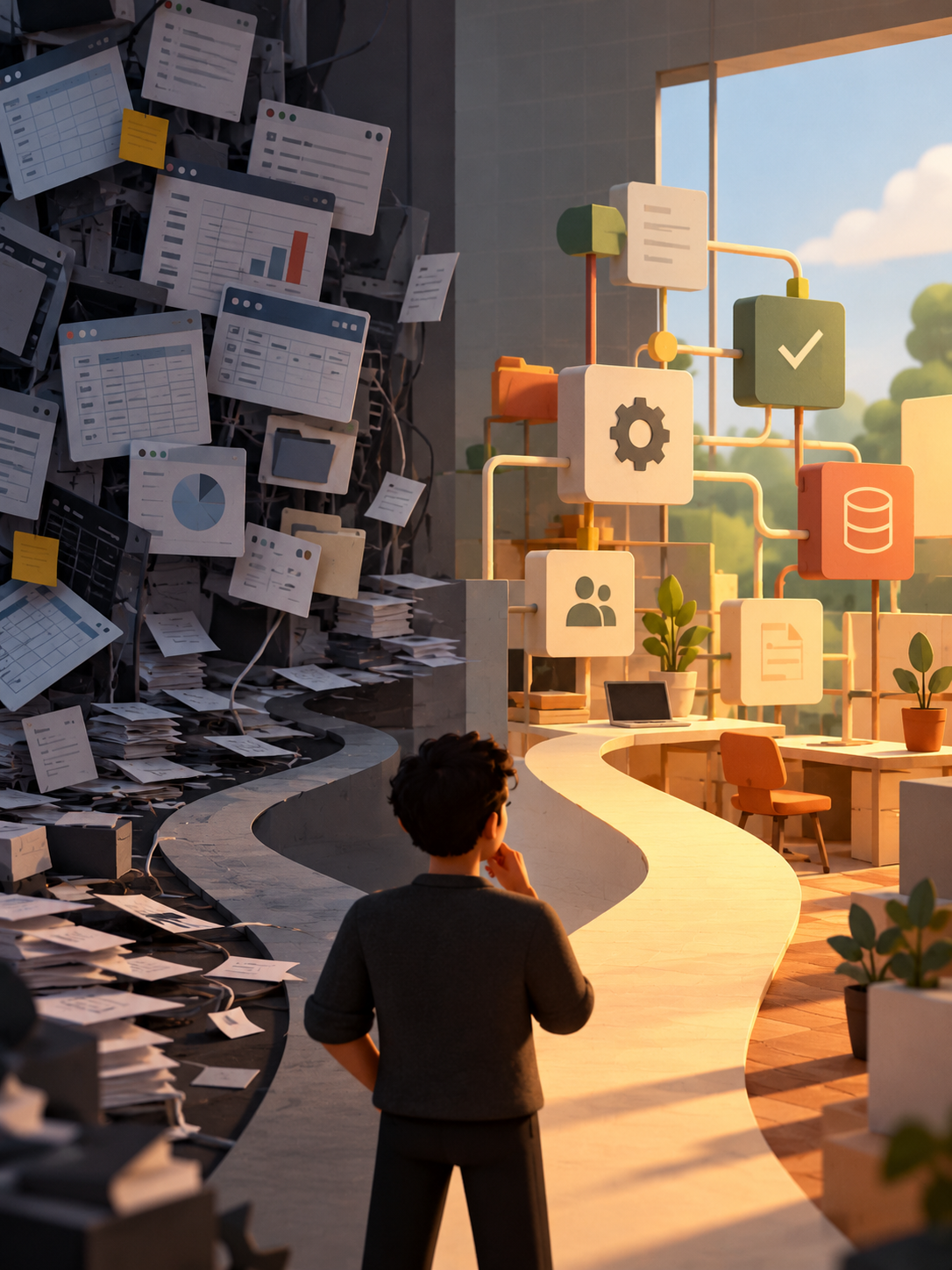 Minimal editorial illustration about choosing software that fits a team's real workflow.