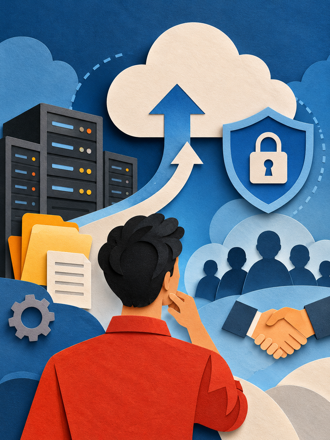Minimal editorial illustration representing a careful, trust-centred move to cloud infrastructure.
