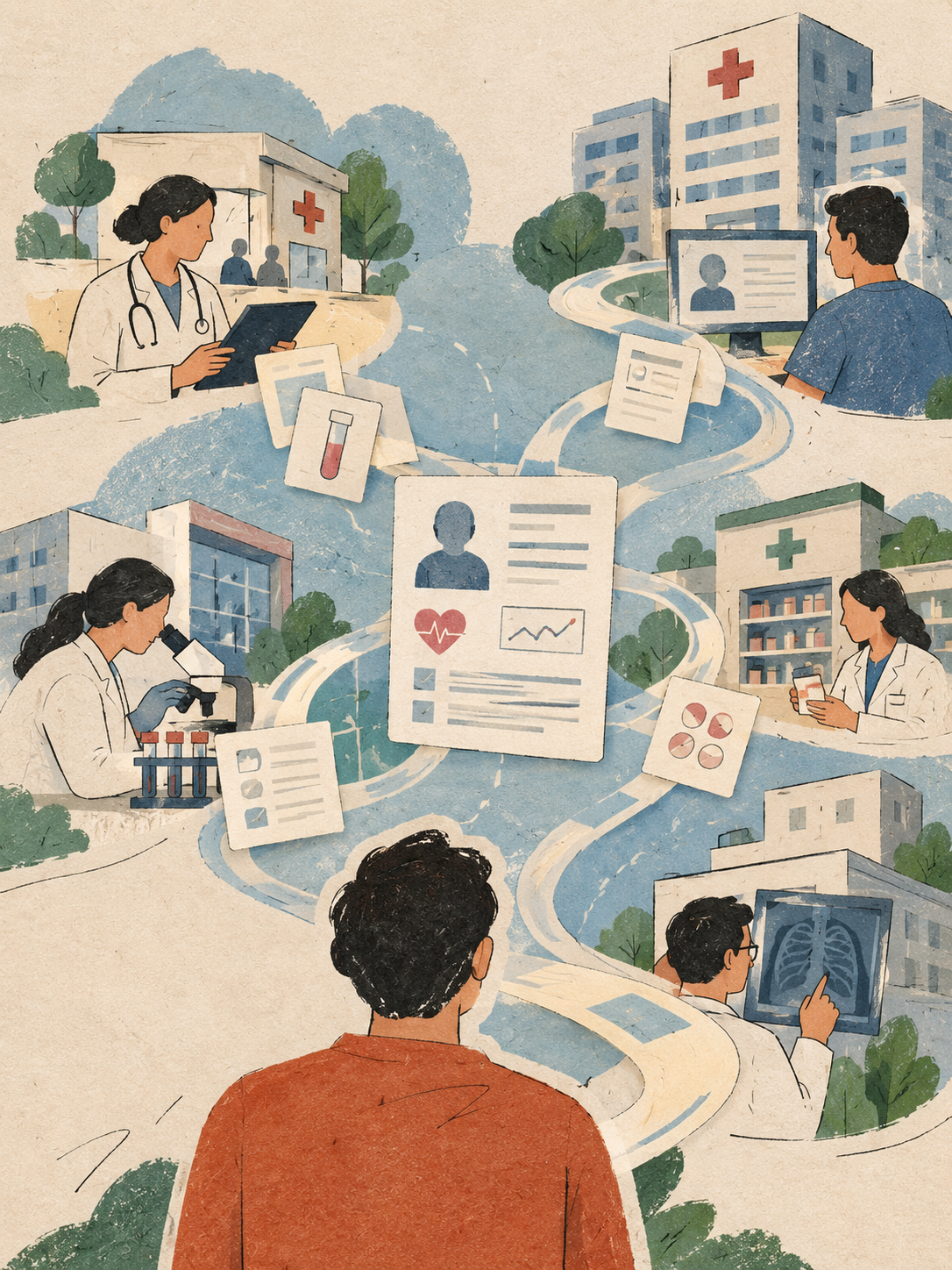 Minimal editorial illustration about healthcare information moving clearly between systems.