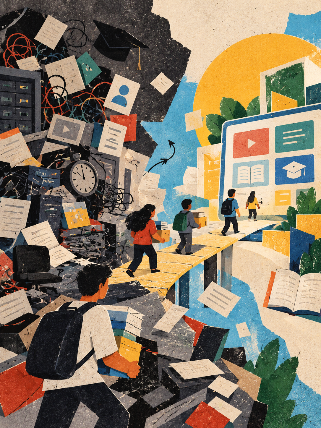 Minimal editorial illustration representing courses and learner records moving to a new learning platform.